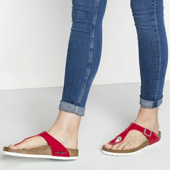 red patent birkenstock sandals